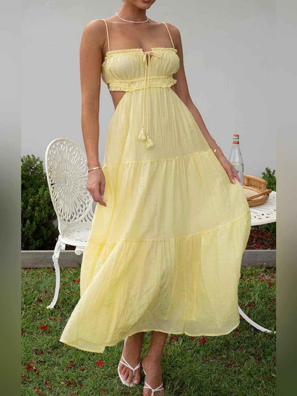 Amazon Yellow Tiered Midi Dress with Smocked Bodice